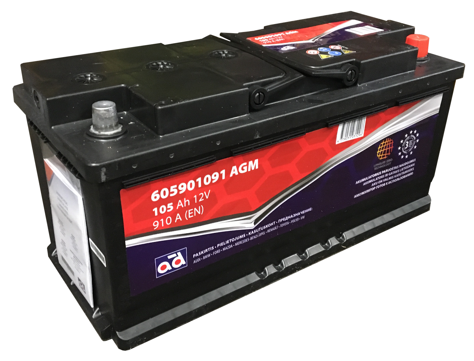 AD akumuliatorius 105ah 910A 394x175x190mm